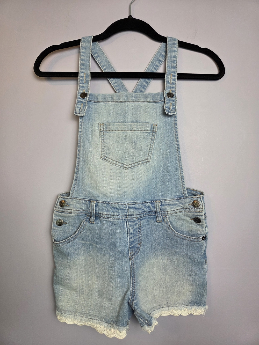 Cat & Jack Denim Shorts Bib Overalls Girls Large 10/12 Lt Blue Lace Trim Playful